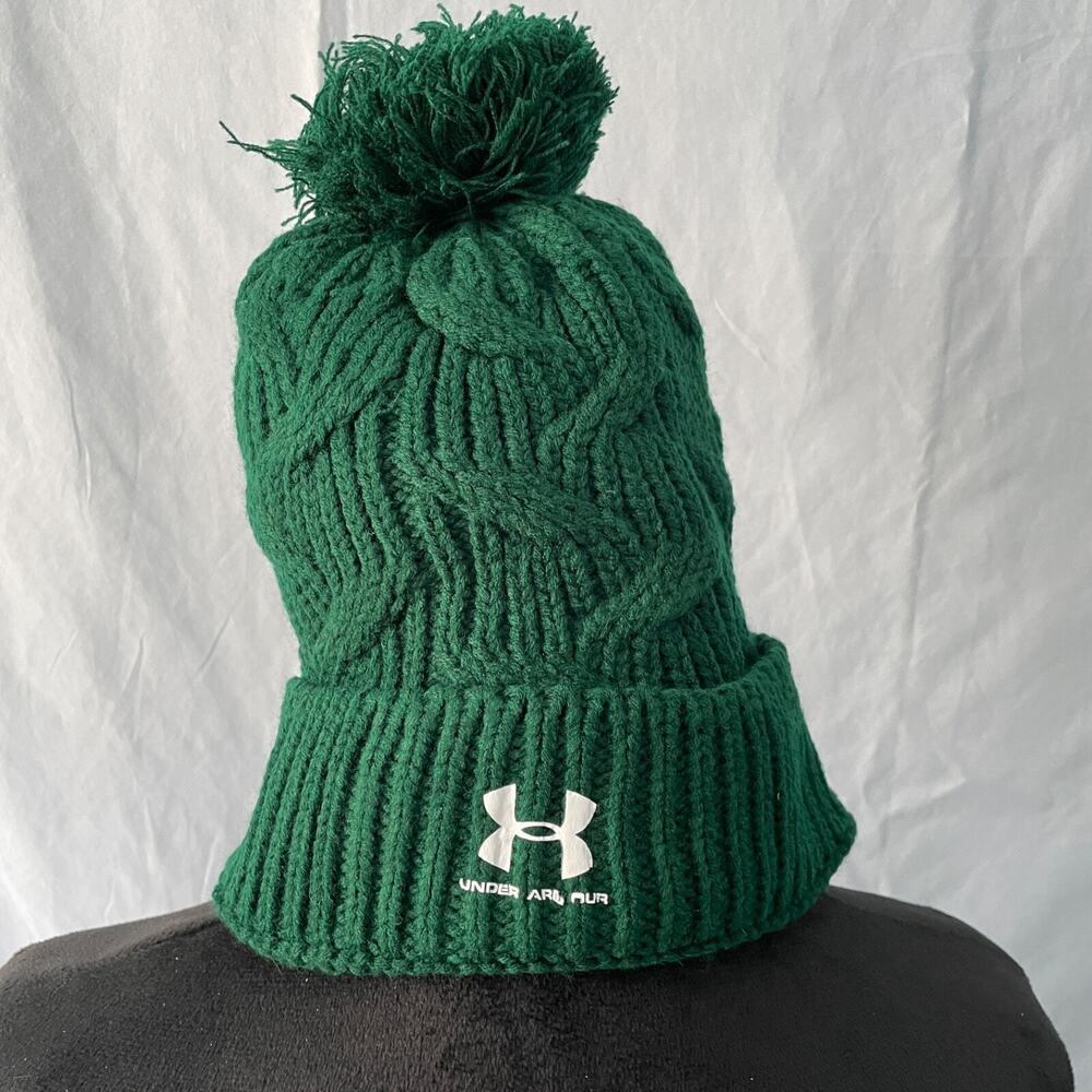 Under Armour Winter Knit Beanie One Size Green Cable Knit Fleece Lined Hat‎